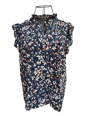 Tommy Hilfiger Navy Floral Ruffle Mock-Neck Blouse
